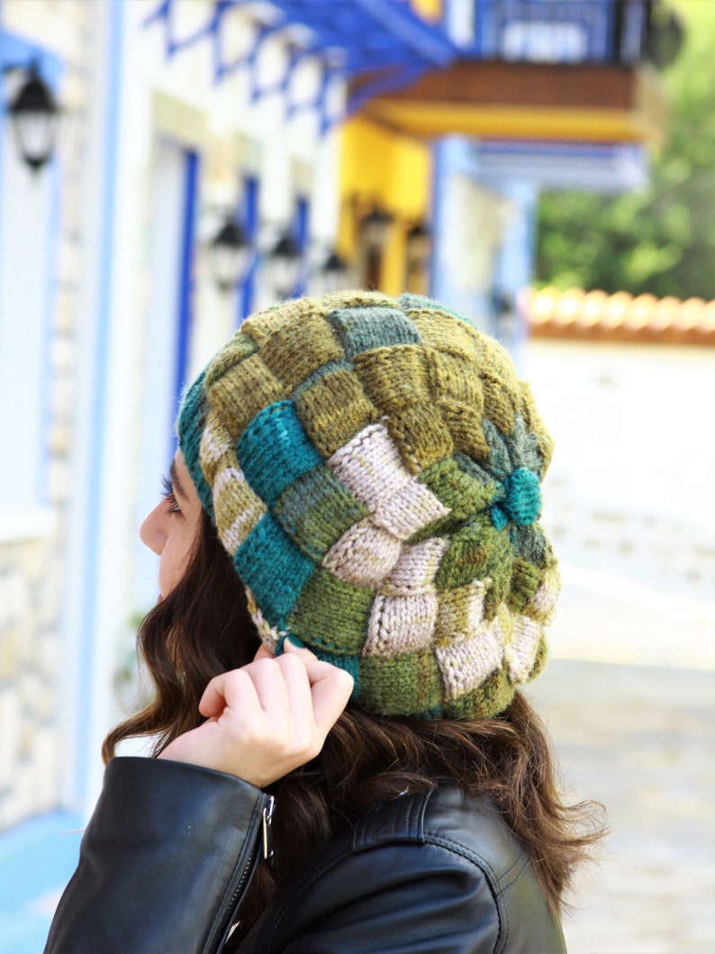 Hand knit hat woman in green shades, Multicolor soft knit hat winter, Ombre yarn beanie, Green knit beanie, Handmade hat women image 7