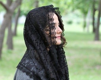 Foulard noir en dentelle à l'infini, voile d'église pour la messe en latin, mantille noire cathédrale, couvre-chef chrétien, couverture de prière catholique