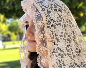 Light Salmon Triangle Lace Chapel Veil, Catholic Mantilla for Mass