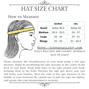 May include: A chart showing hat sizes in inches and centimetres. The chart includes sizes for small, medium, large, and extra large. The chart also includes a diagram showing how to measure your head for a hat.