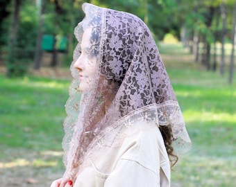 Brown Triangle Lace Chapel Veil — Small Catholic Mantilla