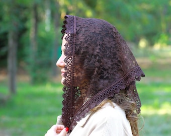 Brown Lace Mantilla Veil: Catholic Mass Head covering