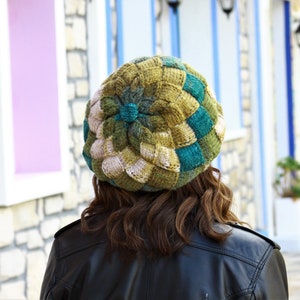 Hand knit hat woman in green shades, Multicolor soft knit hat winter, Ombre yarn beanie, Green knit beanie, Handmade hat women image 5