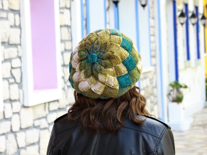 Hand knit hat woman in green shades, Multicolor soft knit hat winter, Ombre yarn beanie, Green knit beanie, Handmade hat women image 5
