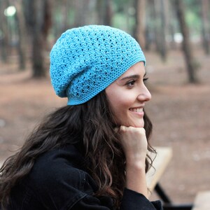 Blue Crochet cotton summer hat beanie women, Spring slouchy soft cap, Boho bamboo beanie slouch, Non itchy ladies soft headwear image 3