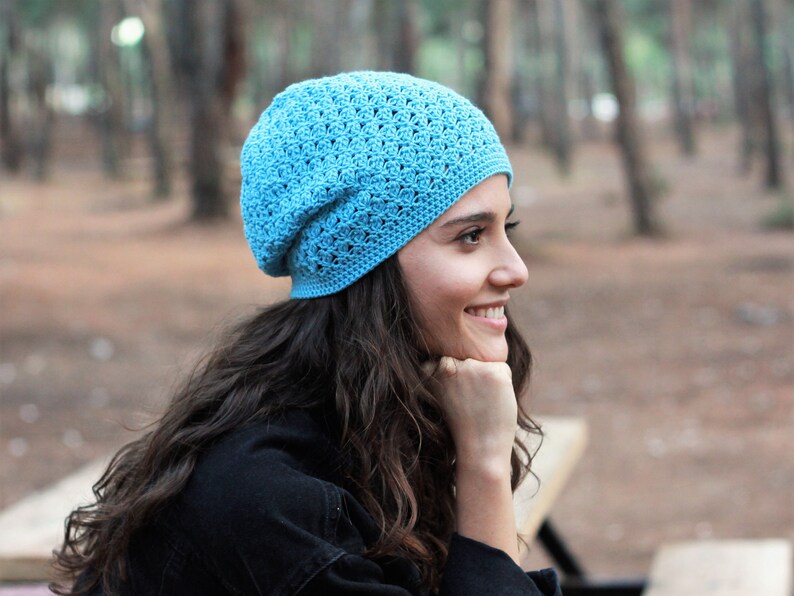 Blue Crochet cotton summer hat beanie women, Spring slouchy soft cap, Boho bamboo beanie slouch, Non itchy ladies soft headwear image 3