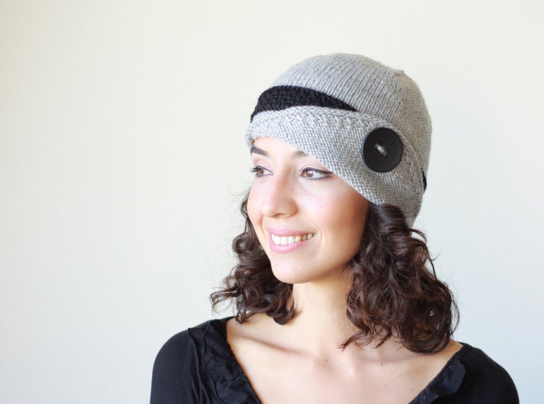 Grey and black hand knit womens hat, Knit cloche hat woman, Knit accessories, Knit beanie cap, Fall knit beanie image 1