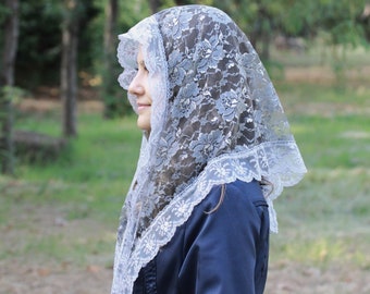 Gray Catholic mantilla veil with silver shinny details, Triangle shape Mass head covering, Church prayer scarf