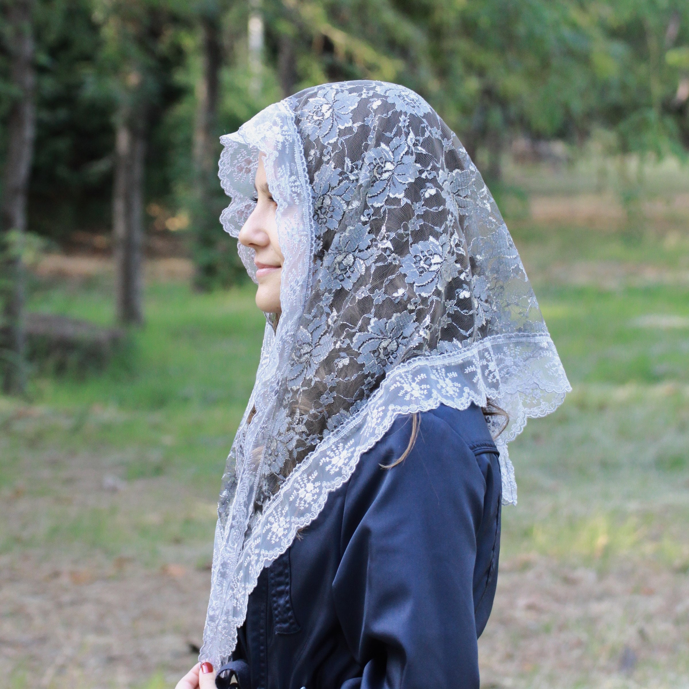 Gray Triangle Mantilla Veil for Mass, Lace Head Scarf With Silver