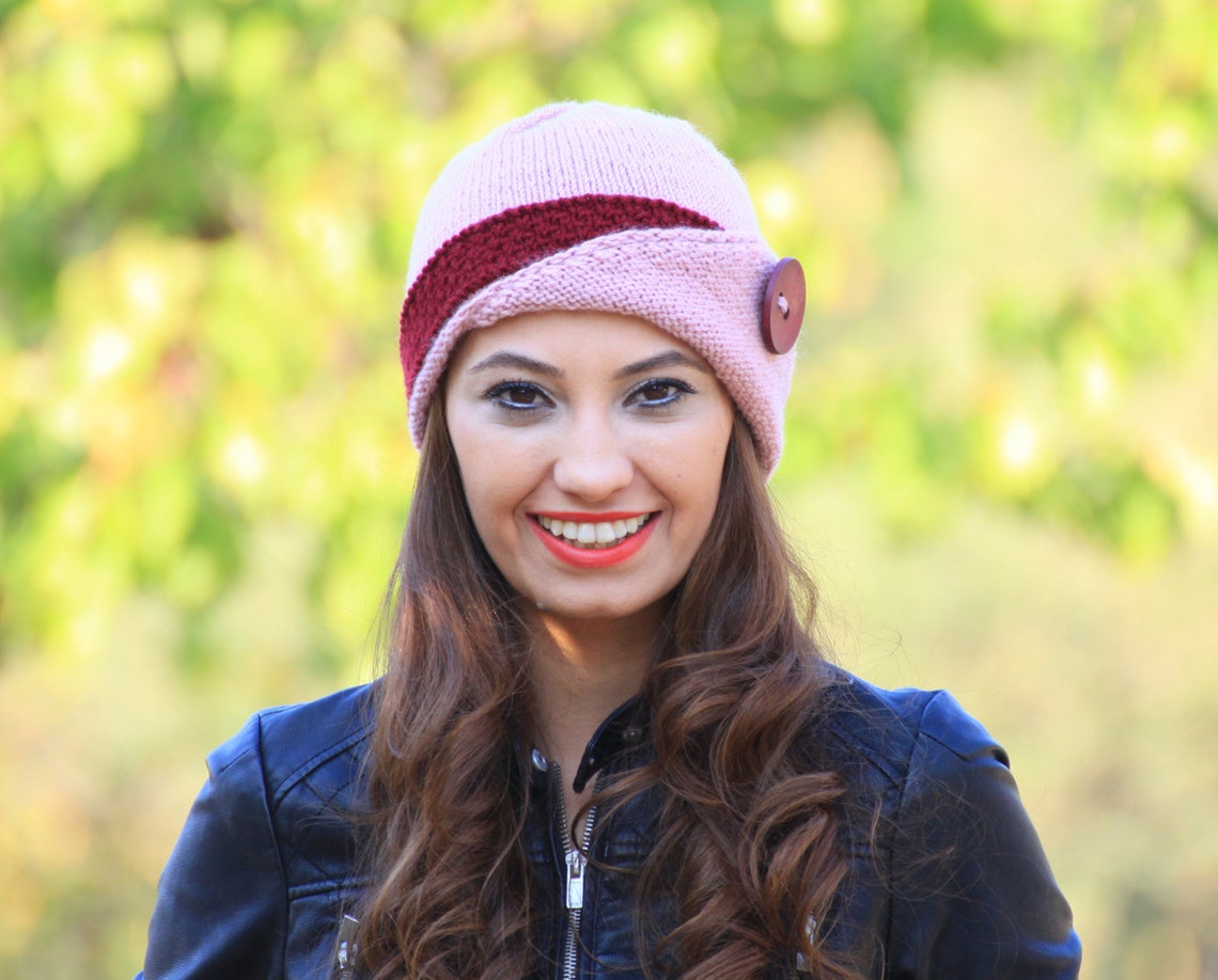 Women Knit Hat With a Button Flapped Brim Double Color Skull Etsy