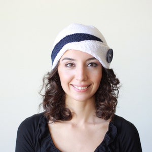 Women hand knitted hat in white with a navy blue band, Wool winter bonnet, Handknit beanie for ladies image 3