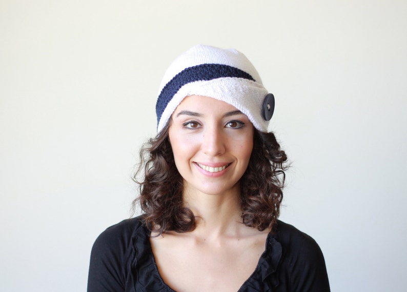 Women hand knitted hat in white with a navy blue band, Wool winter bonnet, Handknit beanie for ladies image 3