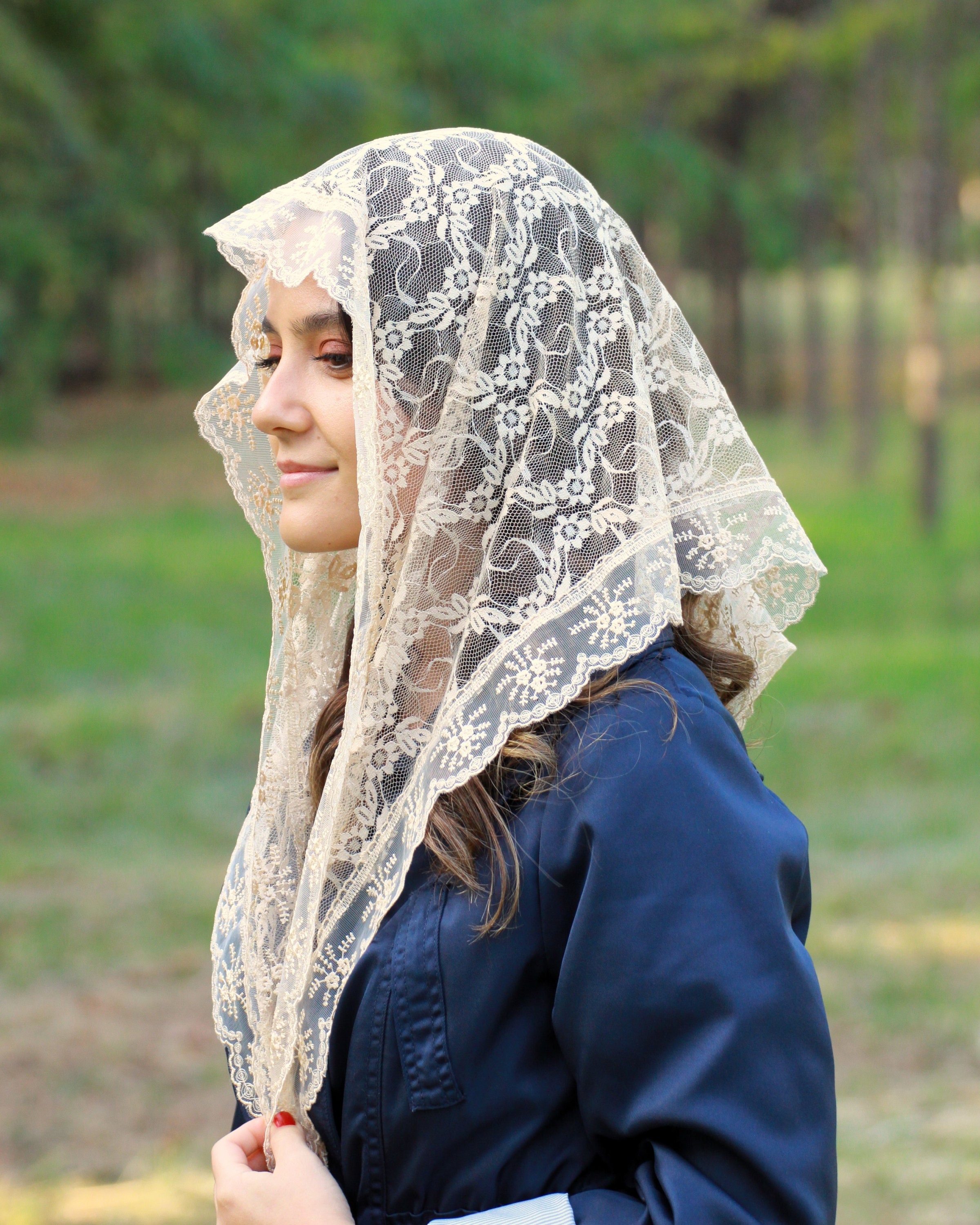 Tan color Latin Mass veil, Lace Triangle church veil, Lace Prayer veil women, Head covering Christian, Lace Catholic veil, Mantilla veil