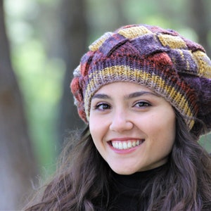 Winter slouchy beanie women, Colorful Hand knit slouch hat in autumn colors, Knit hat for woman