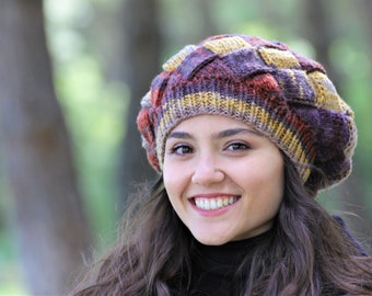 Winter slouchy beanie women, Colorful Hand knit slouch hat in autumn colors, Knit hat for woman