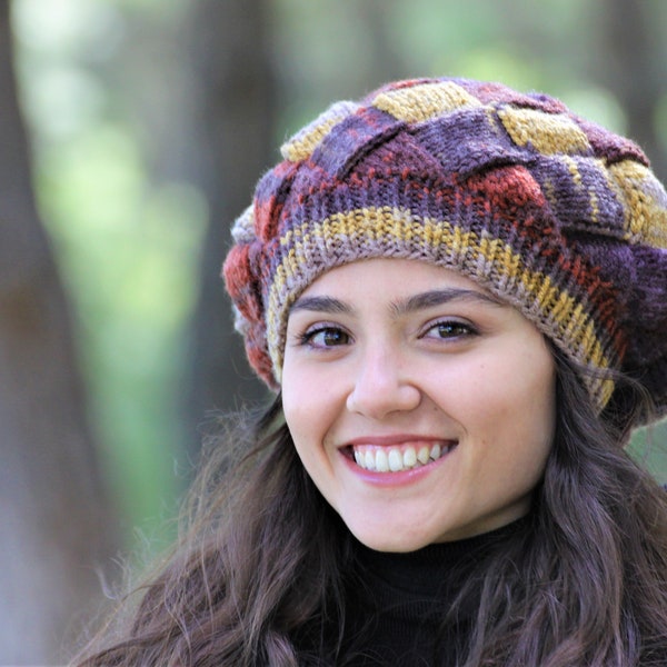 Bonnet ample d'hiver pour femme, Bonnet coloré en tricot à la main aux couleurs de l'automne, Bonnet en tricot pour femme