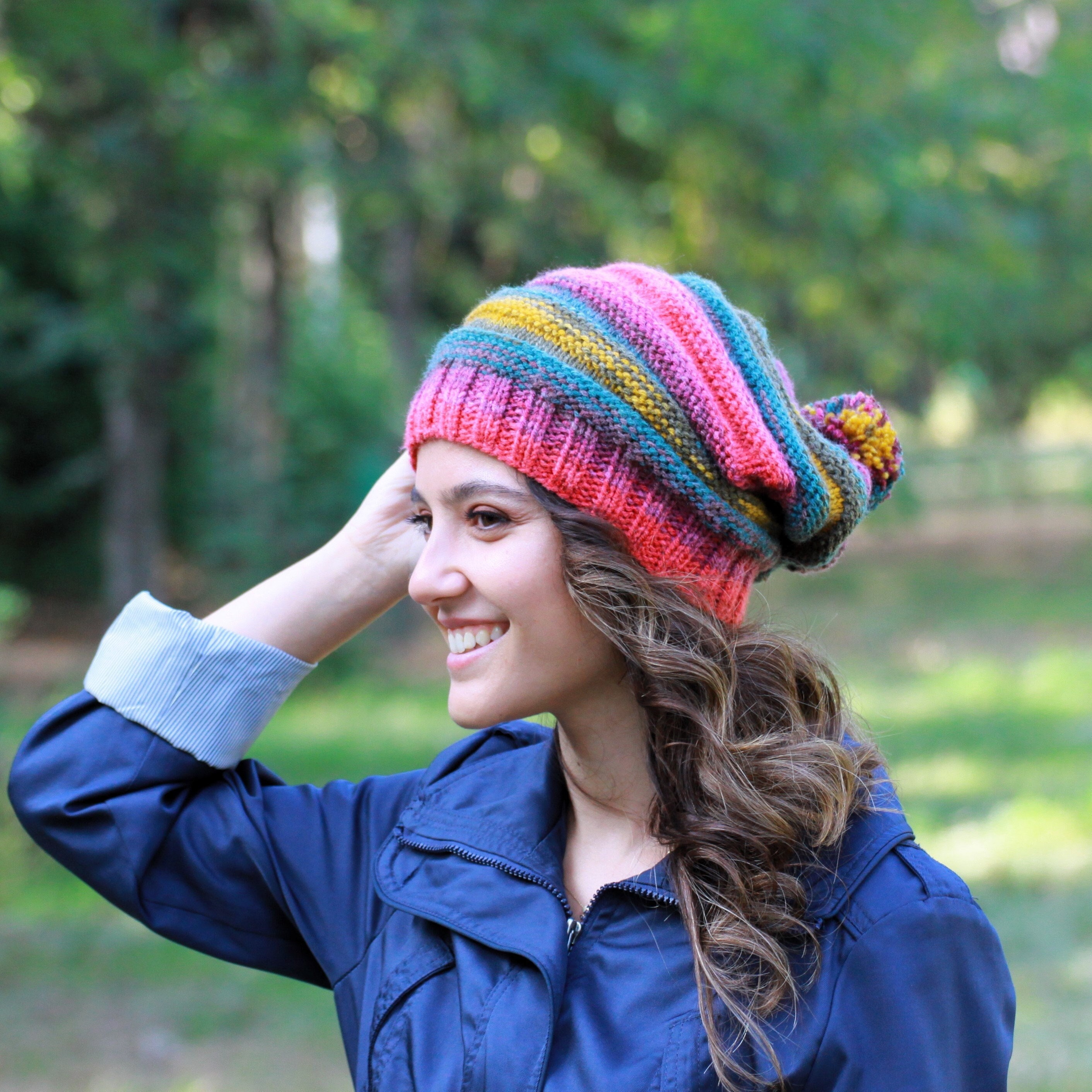 Knit pompom hat, Women slouch beanie, Multicolor handknit hat winter, Nonitchy warm slouchy beanie, Handmade hat with pompom, Colorful style