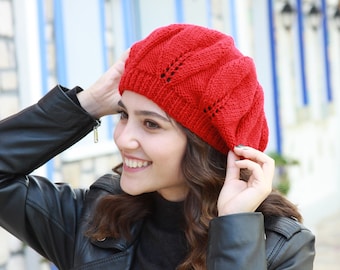 Winter Knit Women beret, Red knit hat in French style, Cozy Fall Accessories, Handmade Gift for her