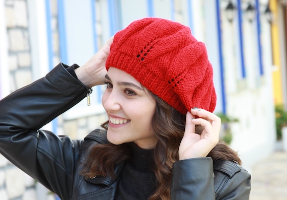 Winter Knit Women Beret, Red Knit Hat in French Style, Cozy Fall Accessories,  Handmade Gift for Her 