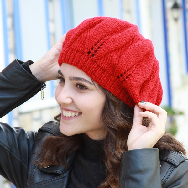 Winter Knit Women beret, Red knit hat in French style, Cozy Fall Accessories, Handmade Gift for her