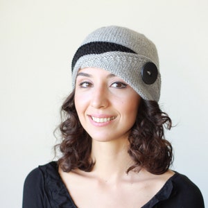 Grey and black hand knit womens hat, Knit cloche hat woman, Knit accessories, Knit beanie cap, Fall knit beanie image 2
