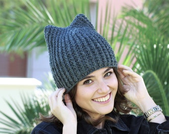 Crochet Cat Ear Beanie for Winter, Women Cat Hat, Dark Gray Crochet Pussy Hat