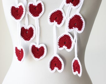 Heart crochet scarf for women in red and white colors, Saint valentine's day gift idea her, Fashion outwear accessories, Valentine scarf