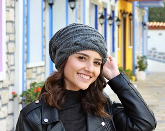 Grey Color Women Slouch Beanie, Winter Slouchy Cap, Handmade Warm