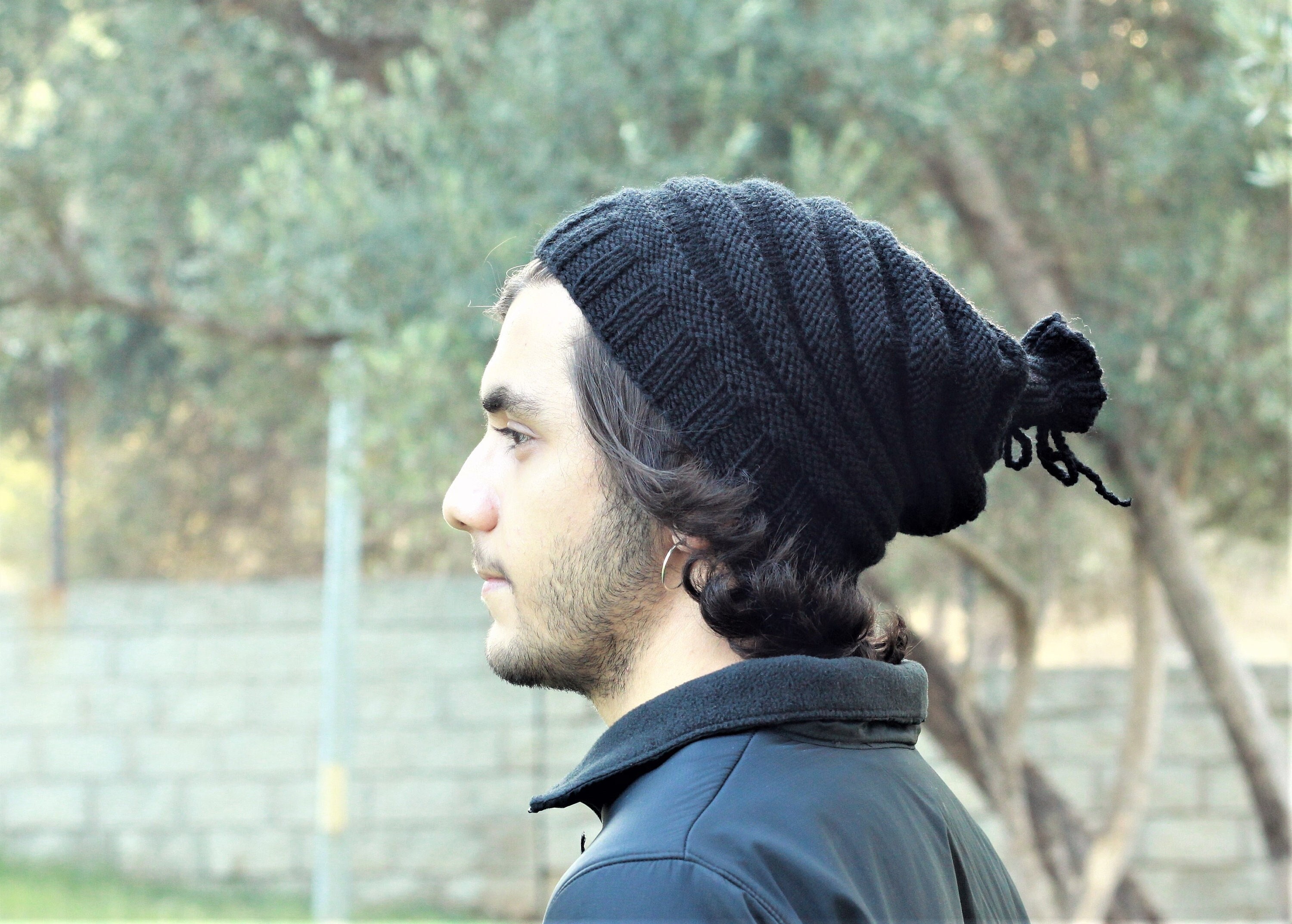 Handknit slouchy hat men, Black winter mens beanie, Slouch mens hat, Handmade gift for him