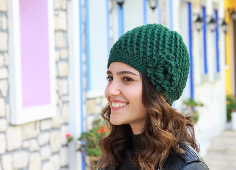 Emerald green Crochet Beanie with flower, Women handmade hat winter, Flower beanie women, Handmade gift women, Gift for her birthday friend image 1