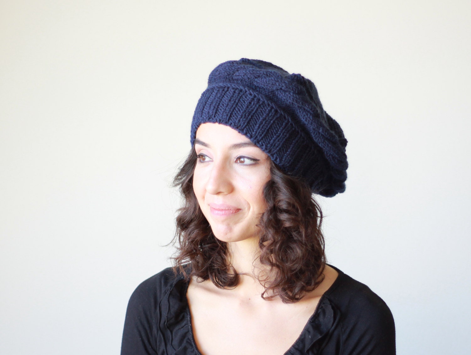 Navy Blue Knit Beret Women Soft Warm 
