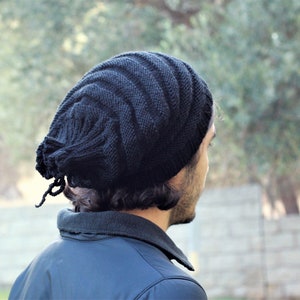 Handknit slouchy hat men, Black winter mens beanie, Slouch mens hat, Handmade gift for him image 5
