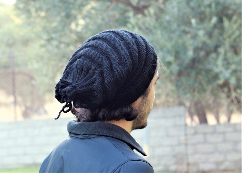 Handknit slouchy hat men, Black winter mens beanie, Slouch mens hat, Handmade gift for him image 5