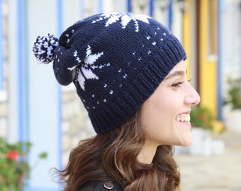 Navy Blue snowflake knit hat with small hearts, Winter pom pom knit beanie, Winter accessories, Fair isle hat women