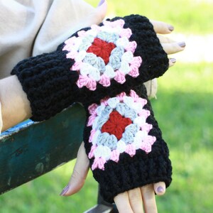 Crochet granny square gloves womens, Colorful hand warmers, Short fingers free gloves, Black Fall accessories