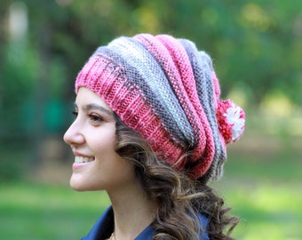 Knit pompom beanie, Multicolor handknit hat for winter, Handmade slouch hat women, Handknit pompom beanie, Handmade Gift for women