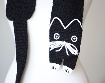 Black hand crochet cat scarf, Funny winter accessories, Funny neckwarmer for women, Handmade kitten scarf, Black cat lover gift women