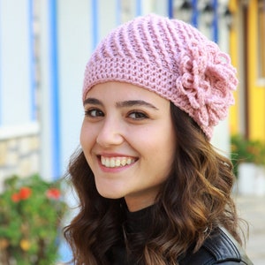 Women crochet beanie with flower, Soft and lightweight handmade custom hat for her, Stylish winter cap, Crochet hat for women image 2