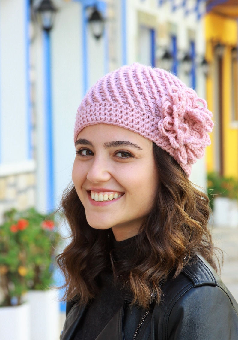 Women crochet beanie with flower, Soft and lightweight handmade custom hat for her, Stylish winter cap, Crochet hat for women image 2