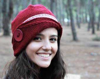 Handknit Burgundy Women knit beanie, Winter Hat with button, Uniue Multi colored beanie (Maroon and pink)