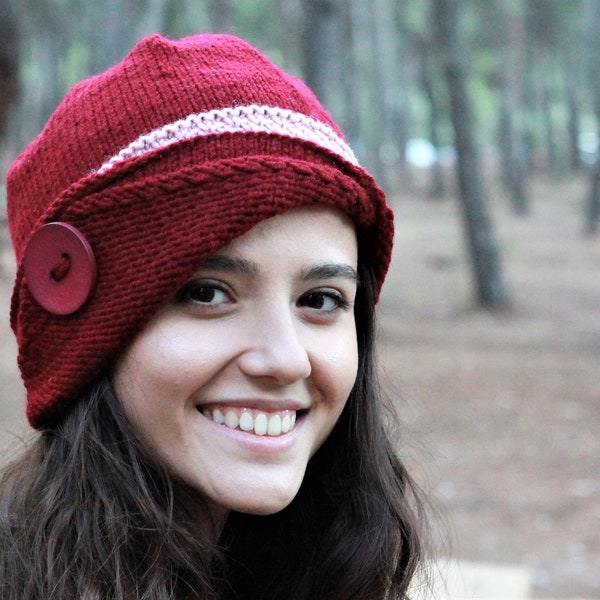 Handknit Burgundy Women knit beanie, Winter Hat with button, Uniue Multi colored beanie (Maroon and pink)