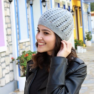 Handmade Crochet gray hat, Winter women beanie for casual wear, Soft stylish cozy accessories, Trend skull cap, Gift for girlfriend image 2