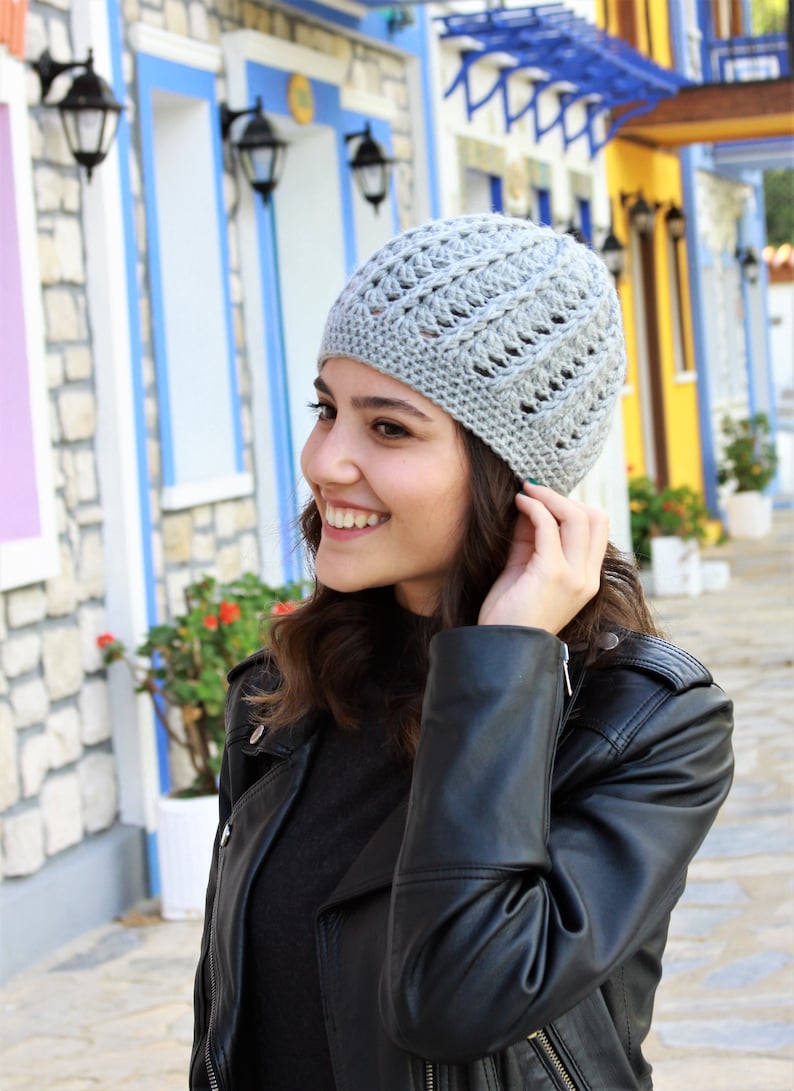 Handmade Crochet gray hat, Winter women beanie for casual wear, Soft stylish cozy accessories, Trend skull cap, Gift for girlfriend image 2