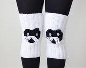 Hand knit over knee warmers women, Cat lover gift, Knit Leg Warmers in black & white, Unique holiday gift for her, Handmade gift women