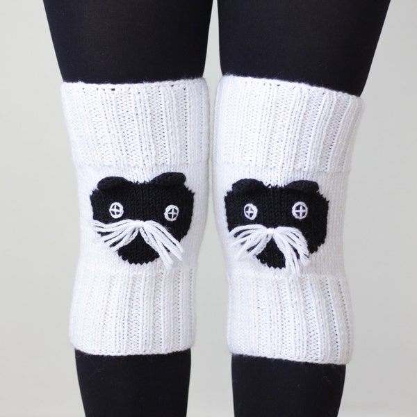 Hand knit over knee warmers women, Cat lover gift, Knit Leg Warmers in black & white, Unique holiday gift for her, Handmade gift women