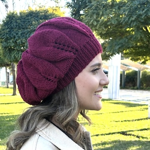 Burgundy winter hand knitted hats for women, French knit beret hat in maroon color
