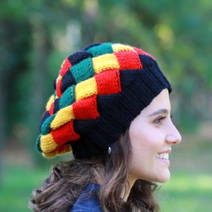Hand-Knit Rasta Beret: Red Yellow Green Black, Semi-Slouchy
