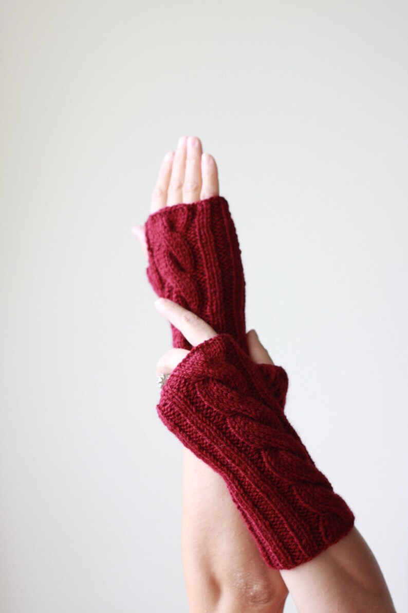 Guantes sin dedos color burdeos para mujer, manoplas sin dedos para mujer, guantes de punto con dedos abiertos, accesorios de invierno, manoplas sin dedos imagen 4