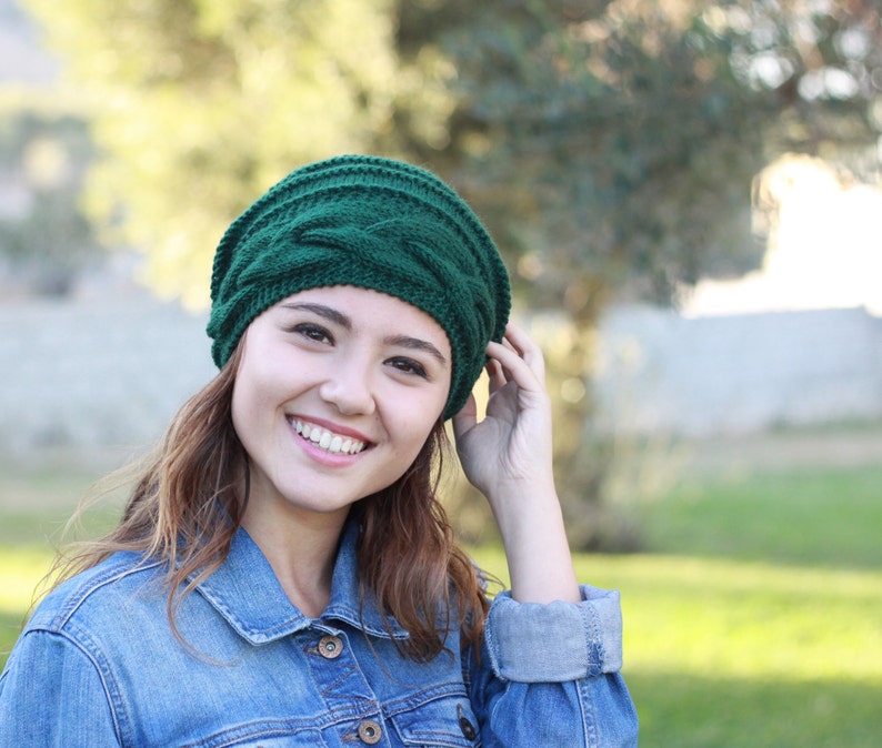 Emerald Green slouchy beanie, Hand knit hat, Womens clothing beanies and hats, Winter accessories, Womens hat, St. Patricks Day outfit image 4