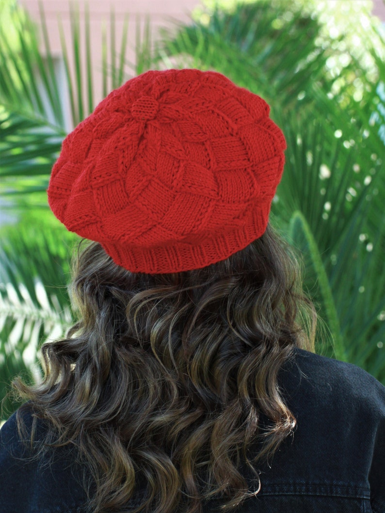 Handknit red beanie in entrelac knitting style, Winter women hat, Wool red knit hat, Handmade gift for girl friend image 5